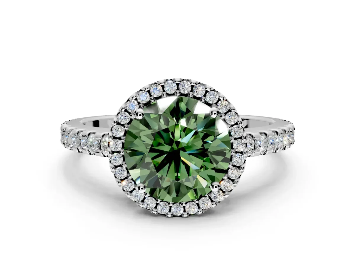 Accent Halo Engagement Ring Setting for Fancy Green Round Cut Center with Full-Length Pave Band and Prong Head in Platinum