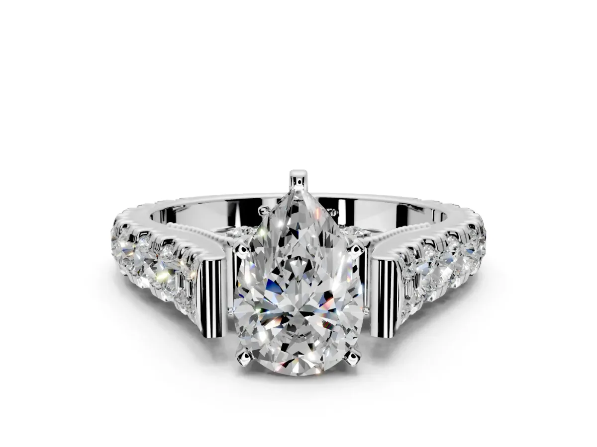 Solitaire Engagement Ring Setting for Pear-Shaped Center with Pave Cathedral Shoulders and Prong Head in Platinum