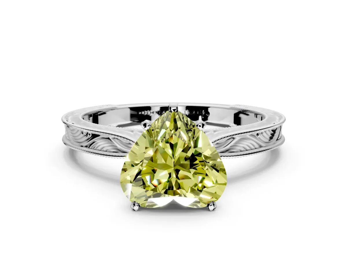 Solitaire Engagement Ring Setting for Fancy Yellow Heart-Shaped Center with Engraved Milgrain Band and Prong Head in Platinum