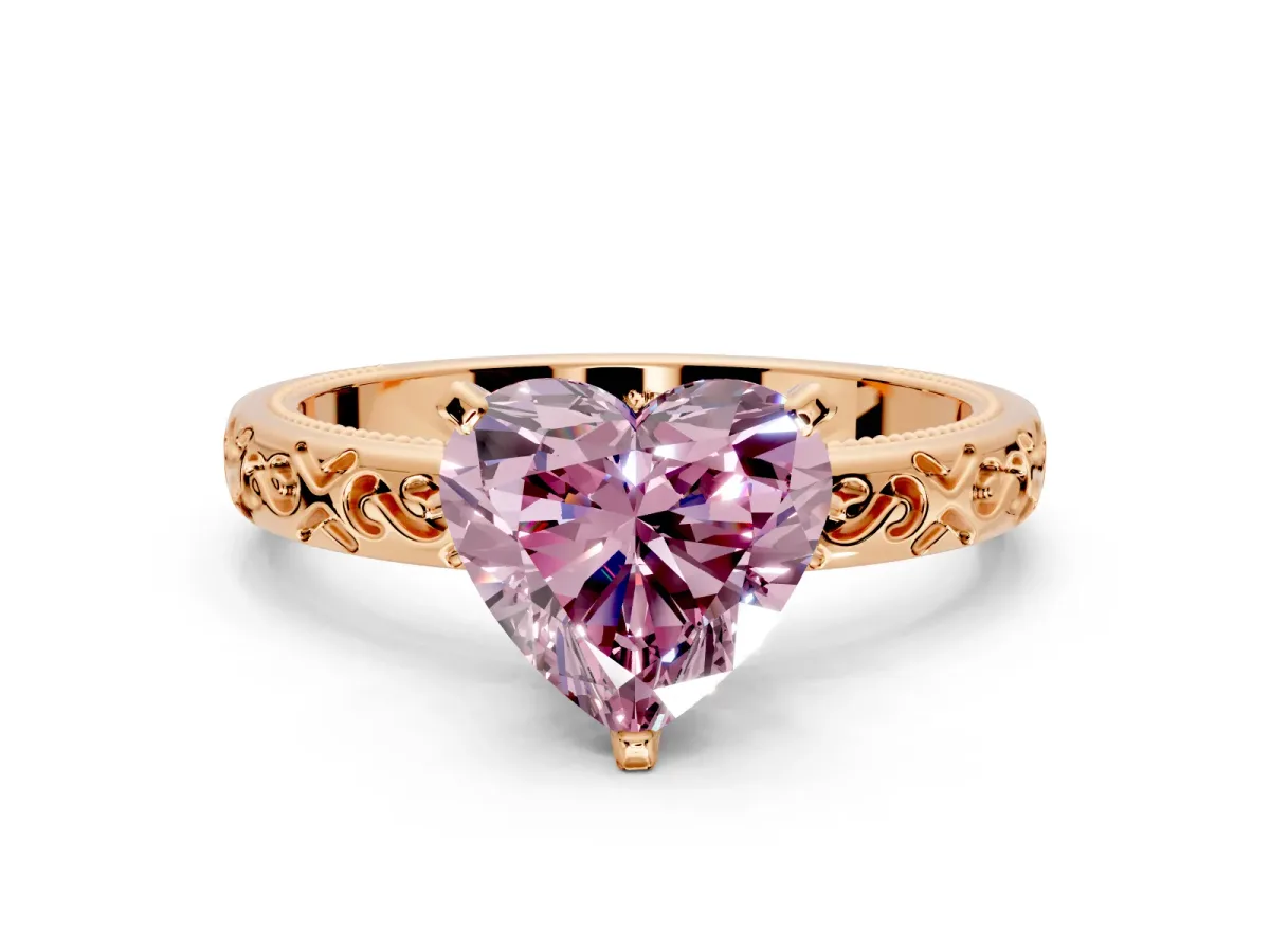 Solitaire Engagement Ring Setting for Fancy Pink Heart-Shaped Center with Scrollwork Band and Prong Head in Rose Gold