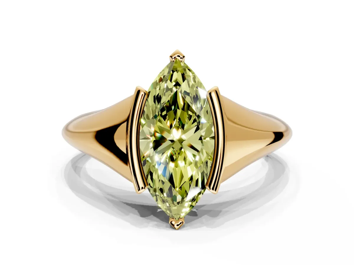Tension Engagement Ring Setting for Fancy Yellow Marquise Center with Wide Tapered Band and Tension Head in Yellow Gold