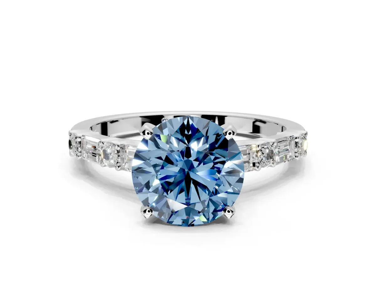 Baguette Engagement Ring Setting for Fancy Blue Round Cut Center with Alternating Bar-Set Band and Prong Head in Platinum