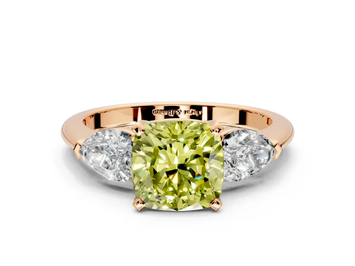 3 Stone Engagement Ring Setting for Fancy Yellow Cushion Cut Center with Large Pear-Shaped Accents and Prong Head in Rose Gold