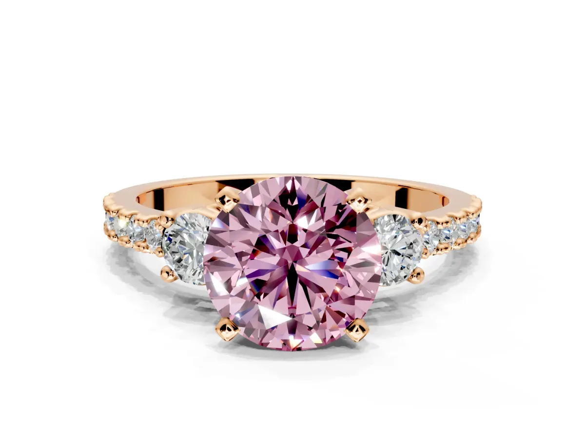 3 Stone Engagement Ring Setting for Fancy Pink Round Cut Center with Round Cut Side Accents and Prong Head in Rose Gold