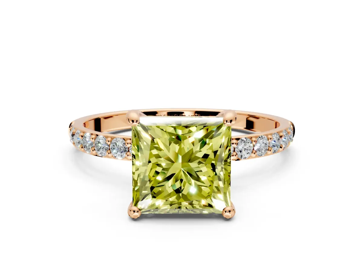 Solitaire Engagement Ring Setting for Fancy Yellow Princess Cut Center with Pave Accents and Prong Head in Rose Gold