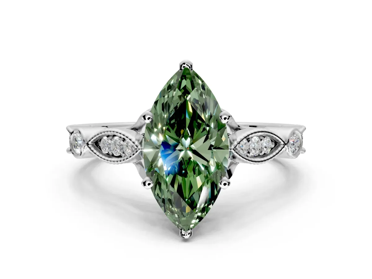 Solitaire Engagement Ring Setting for Fancy Green Marquise Center with Marquise and Bezel Accents and Prong Head in White Gold