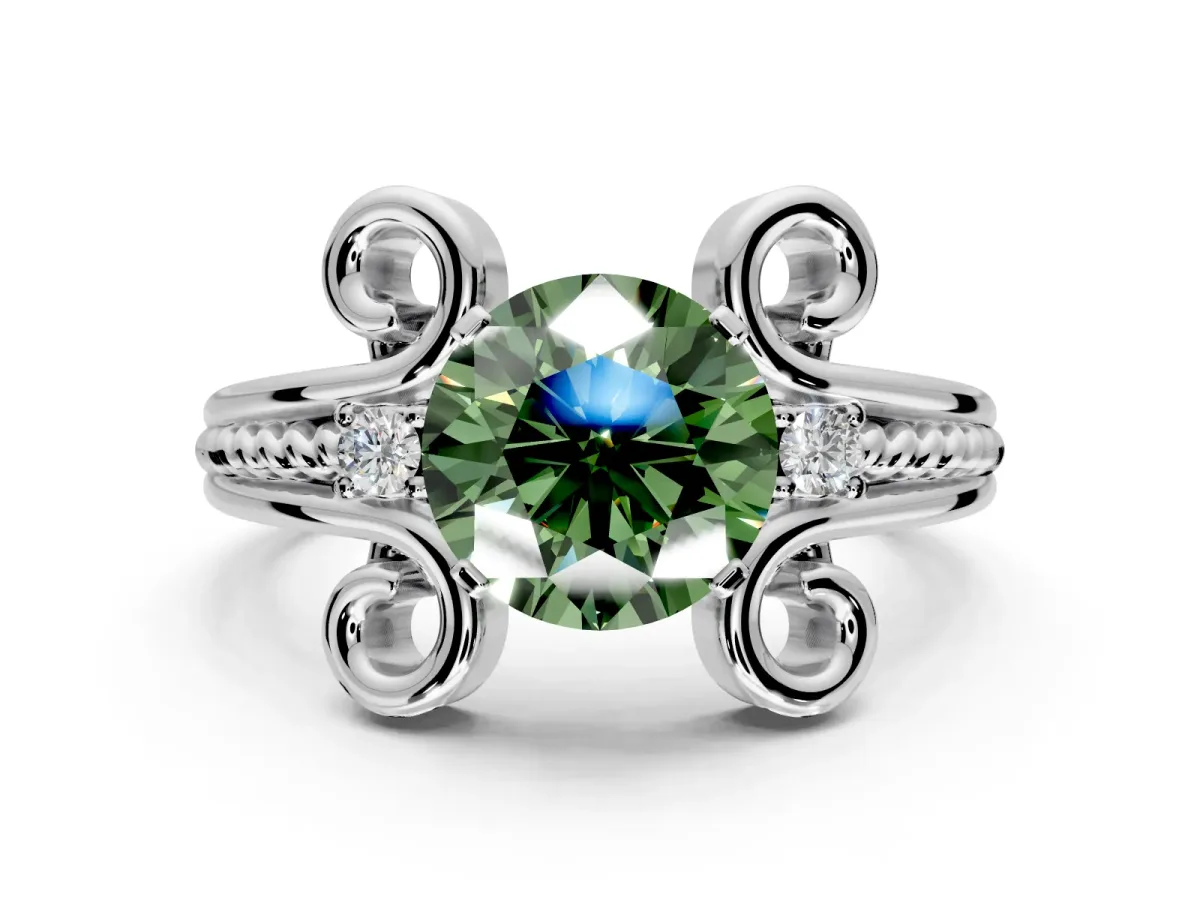 Solitaire Engagement Ring Setting for Fancy Green Round Cut Center with Twisted Band and Scroll Prong Head in Platinum
