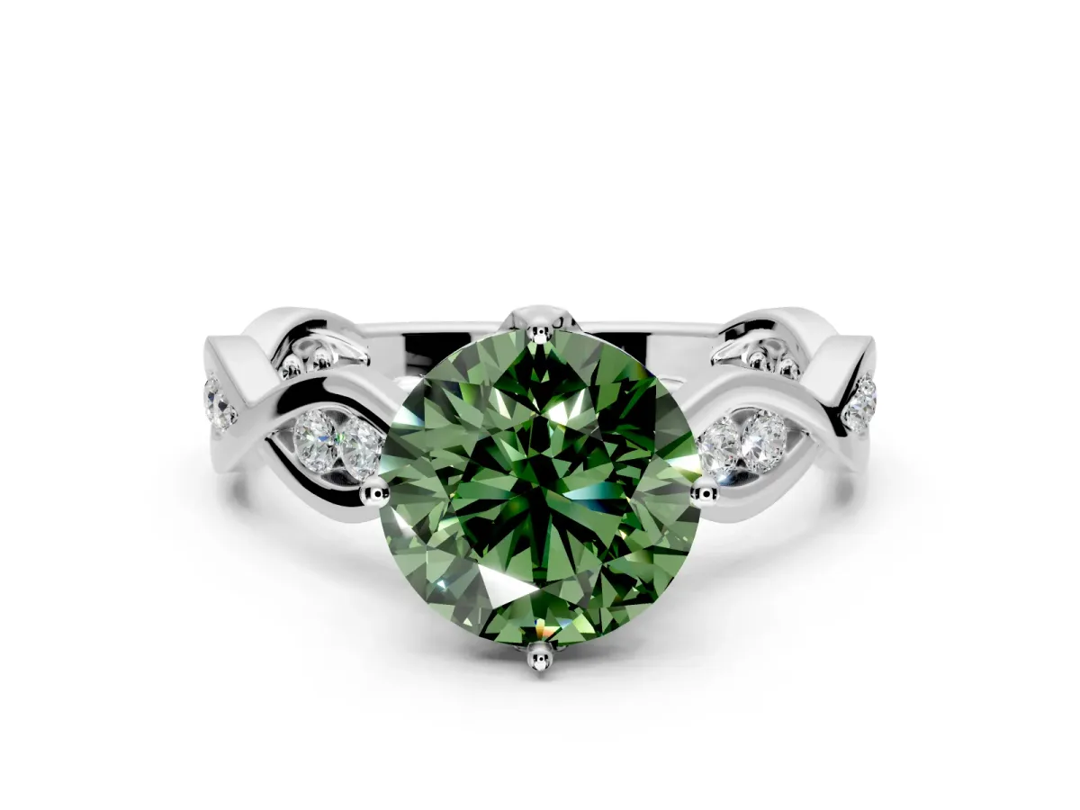Solitaire Engagement Ring Setting for Fancy Green Round Cut Center with Accented Twist Band and Leaf Prong Head in Platinum