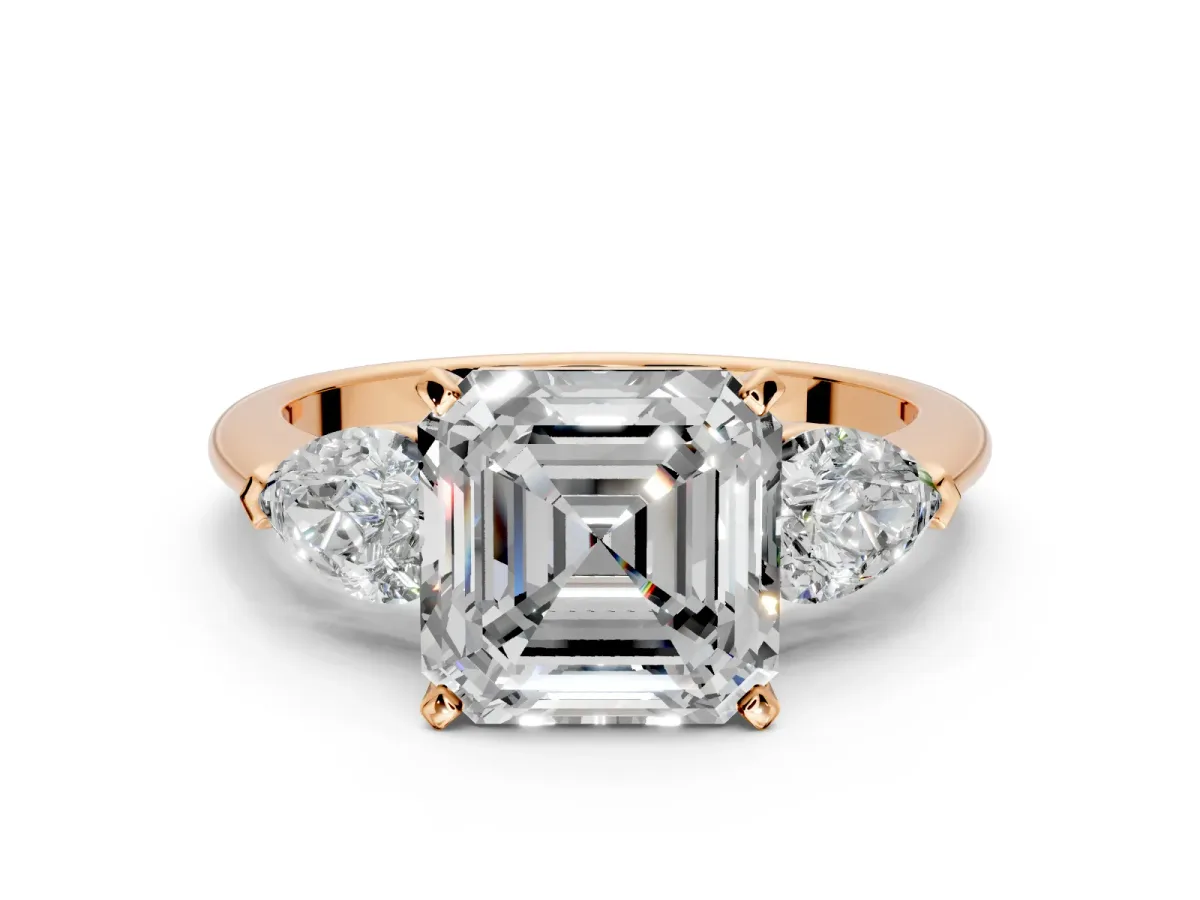 3 Stone Engagement Ring Setting for Asscher Cut Center with Large Pear-Shaped Accents and Prong Head in Rose Gold