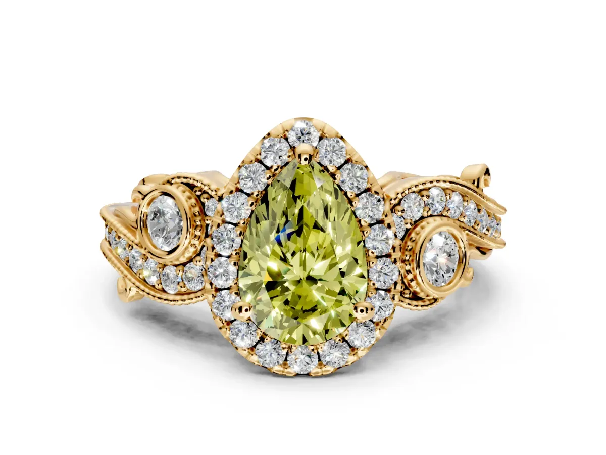 Milgrain Halo Engagement Ring Setting for Fancy Yellow Pear-Shaped Center with Shoulder Bezels and Prong Head in Yellow Gold