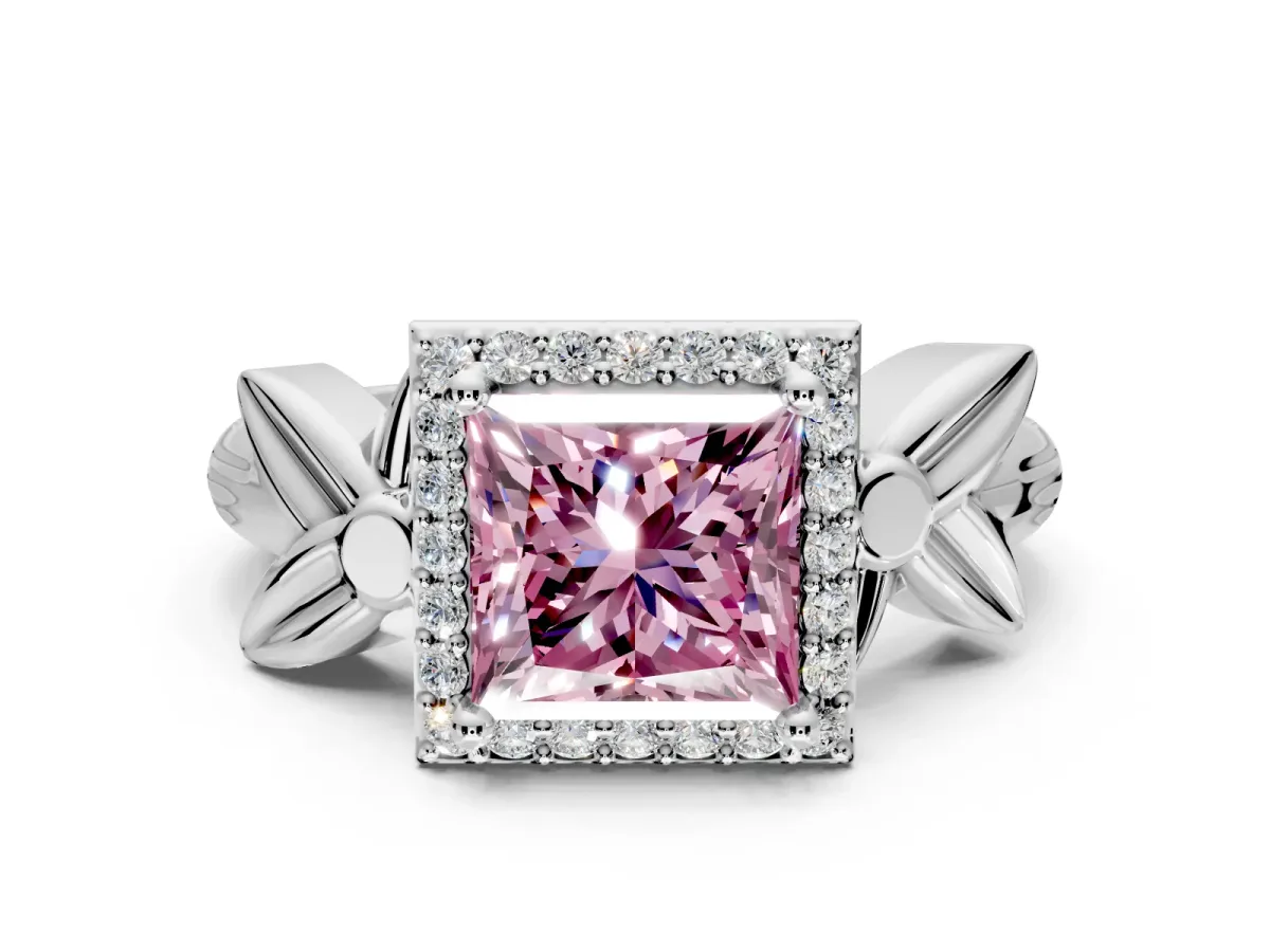 Halo Engagement Ring Setting for Fancy Pink Princess Cut Center with Floral Band and Prong Head in Sterling Silver