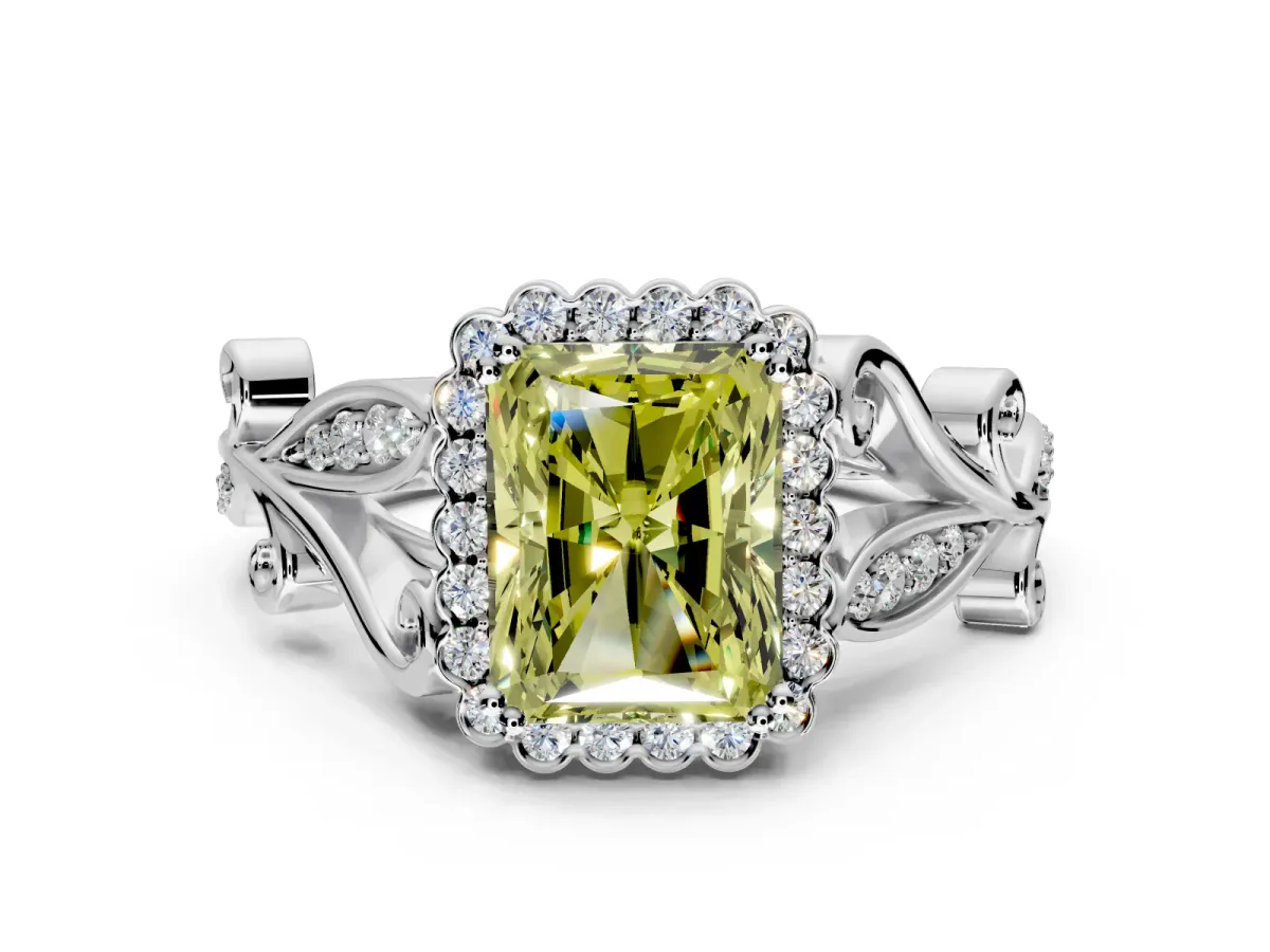 Halo Engagement Ring Setting for Fancy Yellow Radiant Cut Center with Leaf Motif Split Shank and Prong Head in Platinum