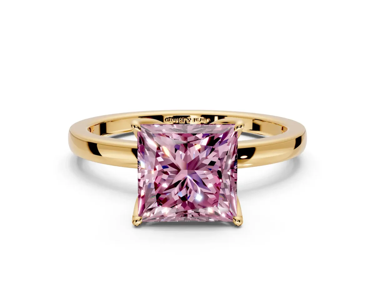 Solitaire Engagement Ring Setting for Fancy Pink Princess Cut Center with Thin Rounded Plain Band and Prong Head in Yellow Gold