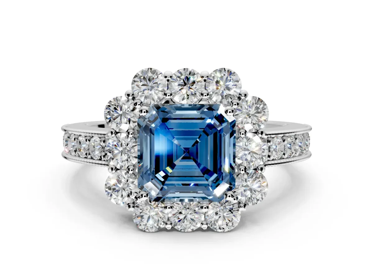 Halo Engagement Ring Setting for Fancy Blue Asscher Cut Center with Milgrain Channel Band and Prong Head in White Gold