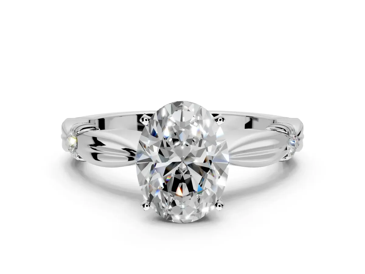 Solitaire Engagement Ring Setting for Oval Center with Carved Leaf Shoulders and Prong Head in Platinum