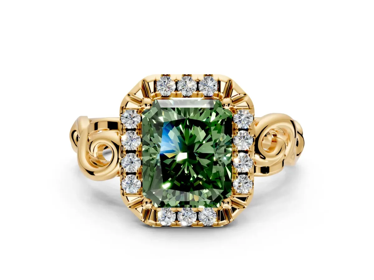 Halo Engagement Ring Setting for Fancy Green Radiant Cut Center with Open Scroll Shoulders and Prong Head in Yellow Gold