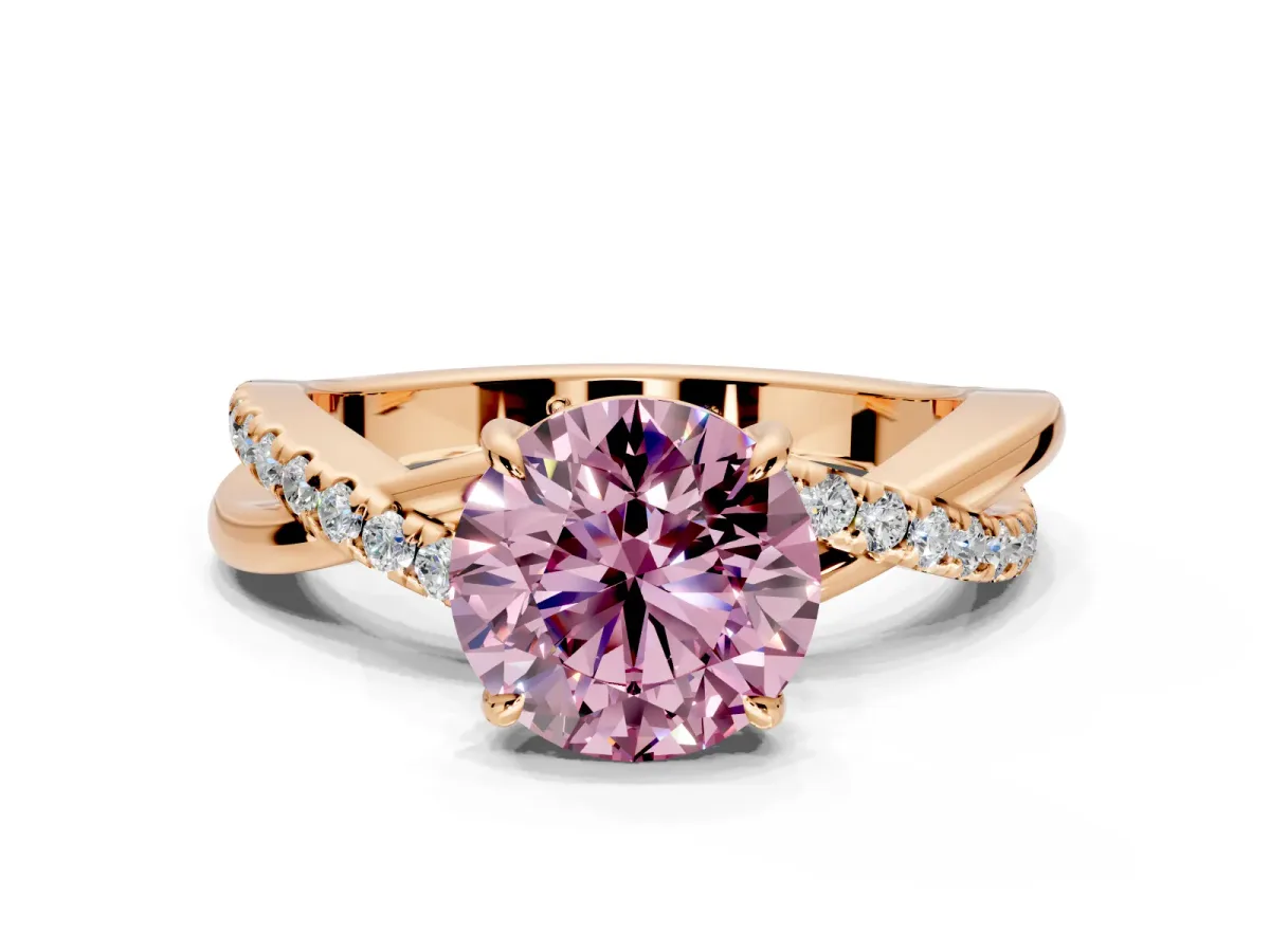 Crossover Engagement Ring Setting for Fancy Pink Round Cut Center with Pave and Plain Strands and Prong Head in Rose Gold