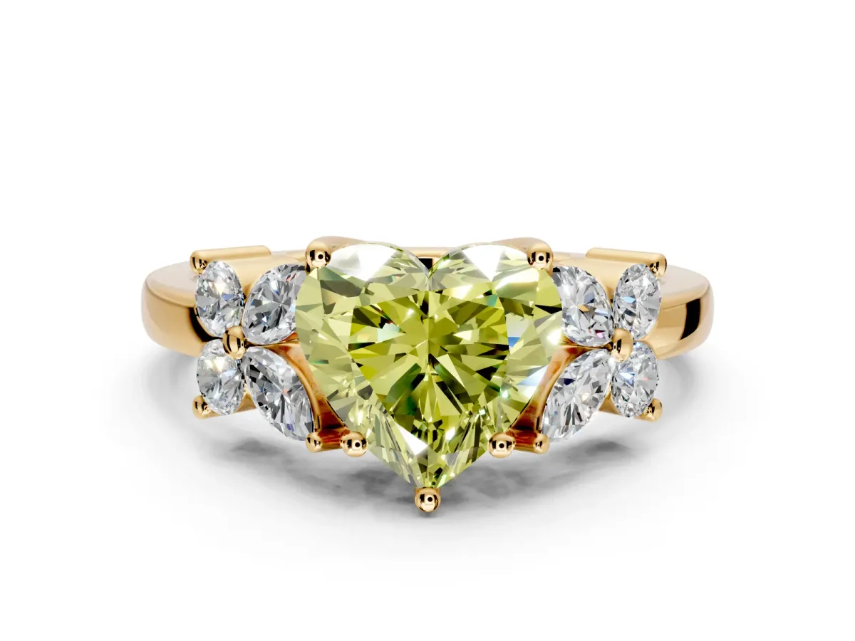 Floral Engagement Ring Setting for Fancy Yellow Heart-Shaped Center with Marquise Cluster Shoulders and Prong Head in Yellow Gold