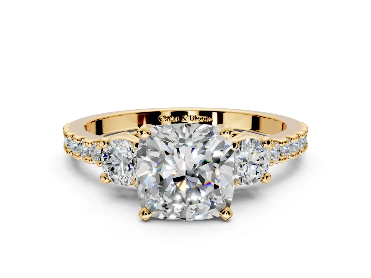 3 Stone Engagement Ring Setting for Cushion Cut Center with Round Cut Side Accents and Prong Head in Yellow Gold
