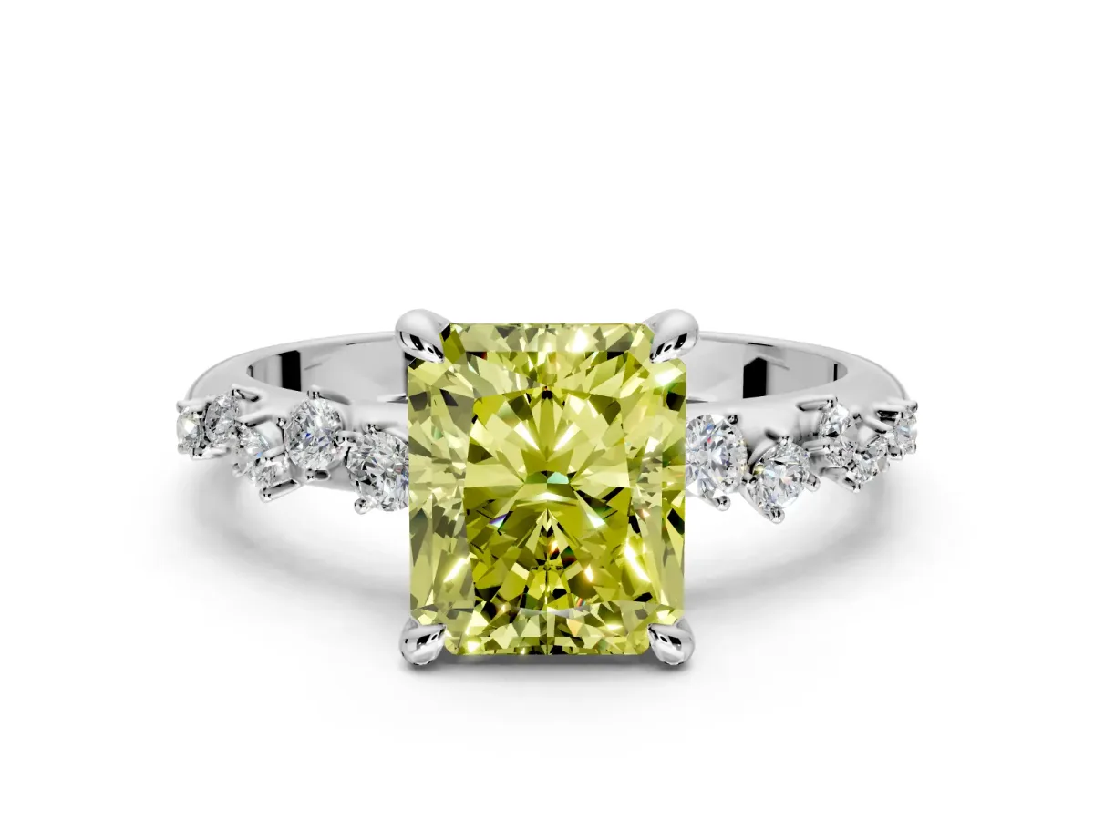 Solitaire Engagement Ring Setting for Fancy Yellow Radiant Cut Center with Trailing Leaf Accent Band and Prong Head in White Gold