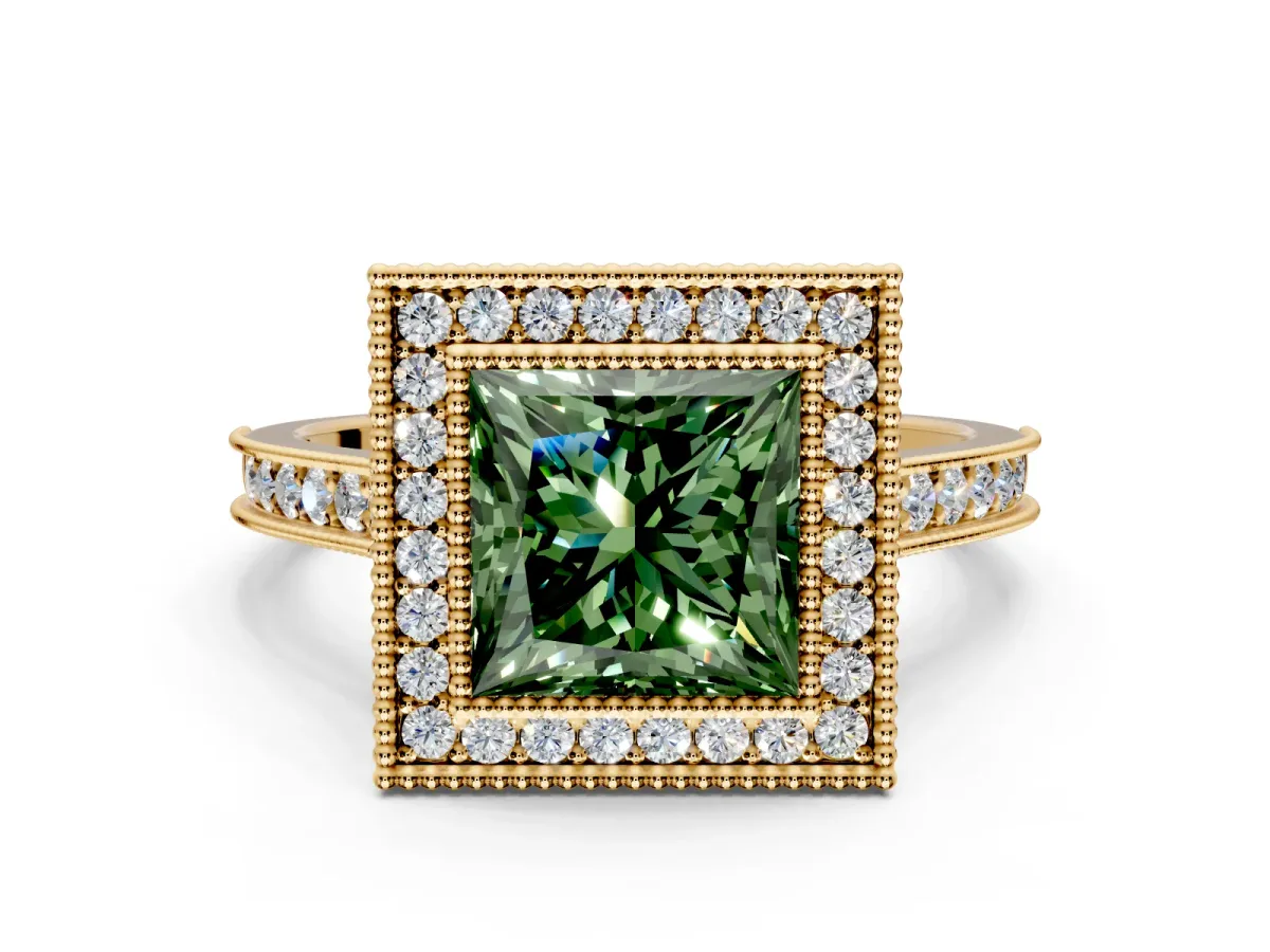 Halo Engagement Ring Setting for Fancy Green Princess Cut Center with Milgrain Pave Band and Bezel Head in Yellow Gold