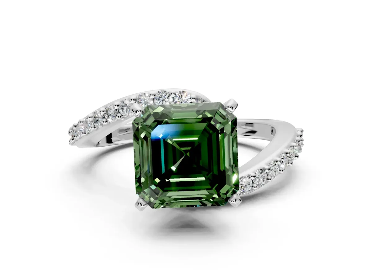 Solitaire Engagement Ring Setting for Fancy Green Asscher Cut Center with Pave Bypass Swirl Band and Prong Head in White Gold