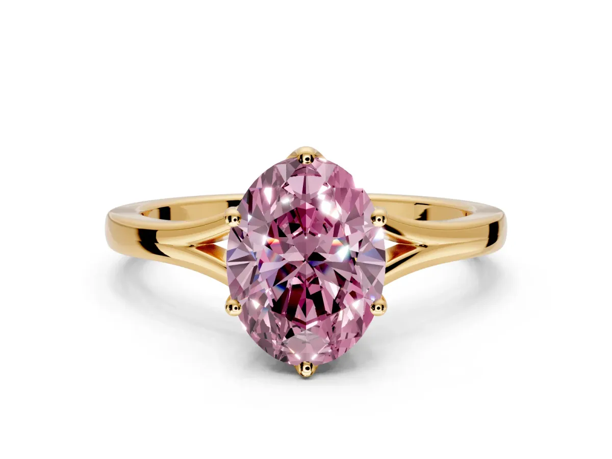 Solitaire Engagement Ring Setting for Fancy Pink Oval Center with Plain Split Shank and Prong Head in Yellow Gold