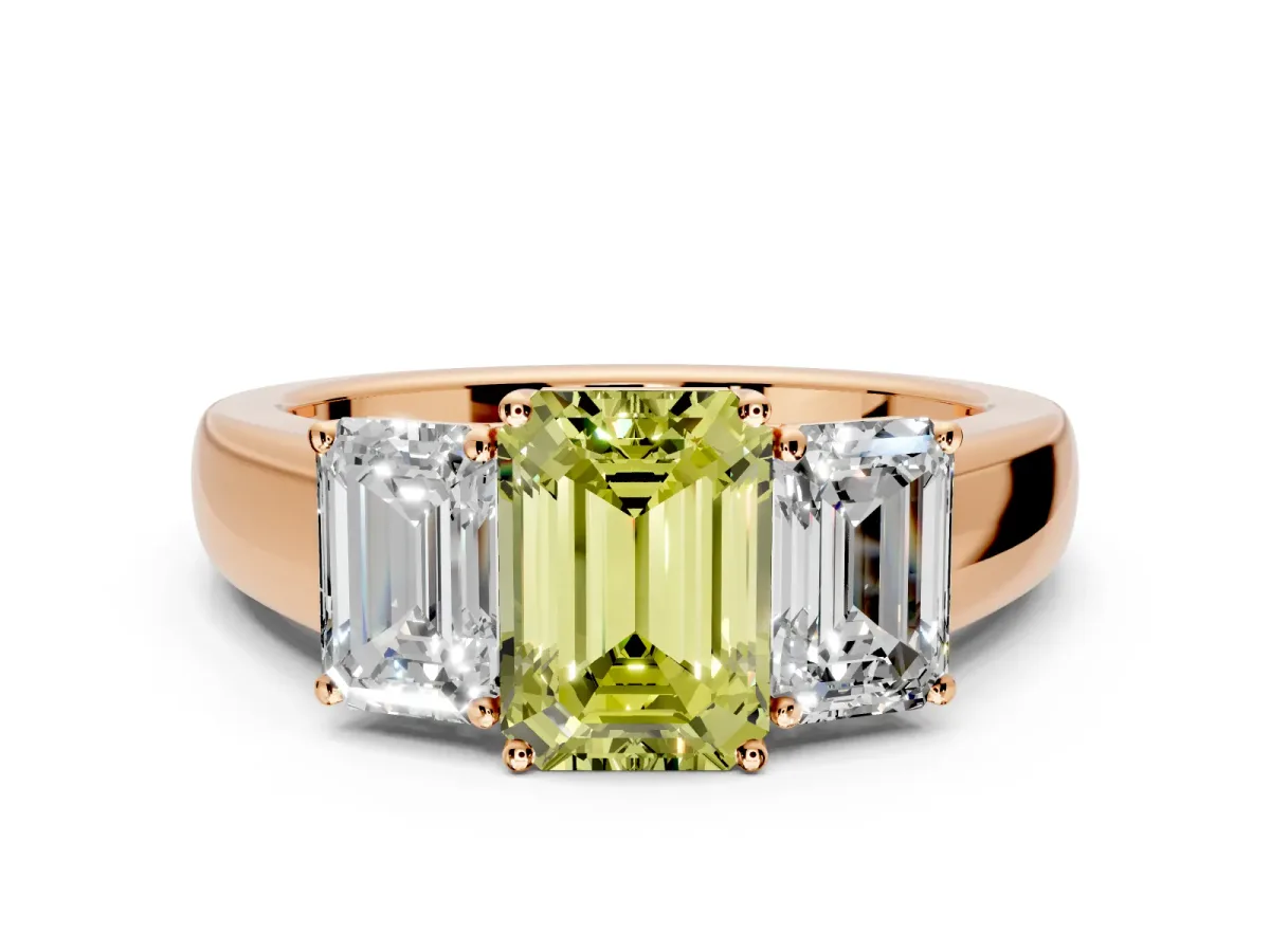 3 Stone Engagement Ring Setting for Fancy Yellow Emerald Cut Center with Raised Basket Heads and Prong Head in Rose Gold