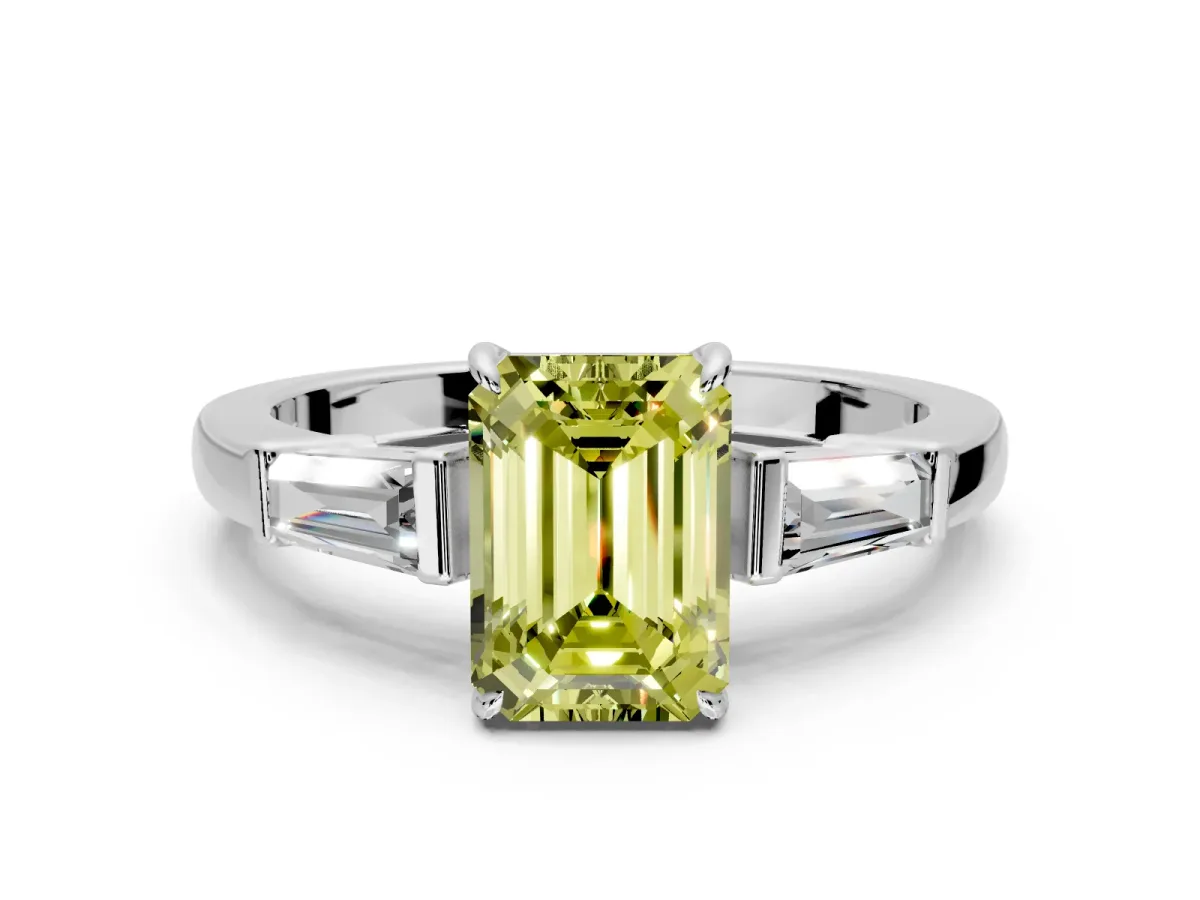 3 Stone Engagement Ring Setting for Fancy Yellow Emerald Cut Center with Baguette Accents and Prong Head in Platinum