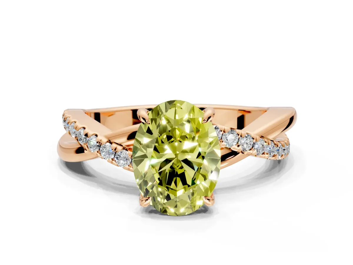 Crossover Engagement Ring Setting for Fancy Yellow Oval Center with Pave and Plain Strands and Prong Head in Rose Gold