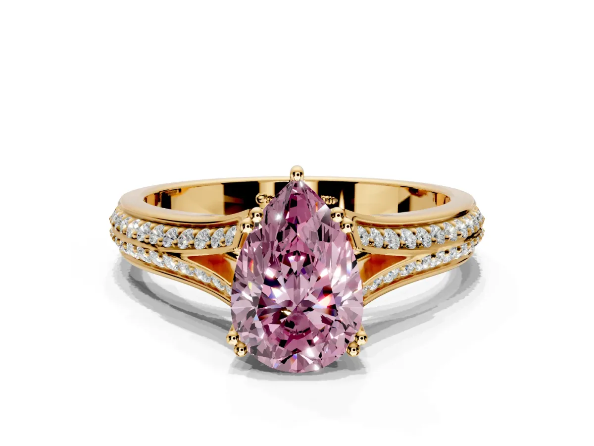 Solitaire Engagement Ring Setting for Fancy Pink Pear-Shaped Center with Pave Rail Split Shank and Prong Head in Yellow Gold