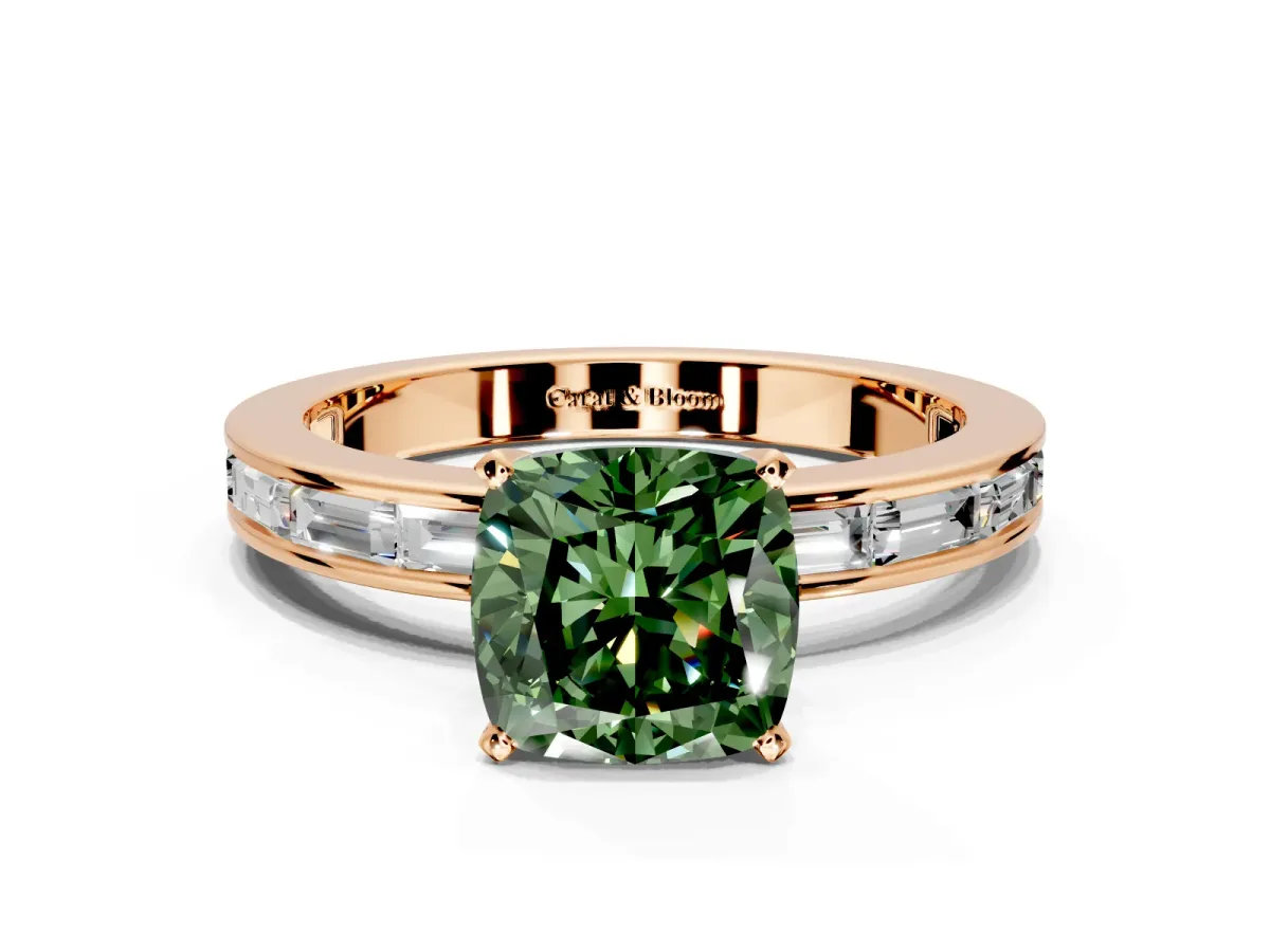 Solitaire Engagement Ring Setting for Fancy Green Cushion Cut Center with Channel Baguette Band and Prong Head in Rose Gold