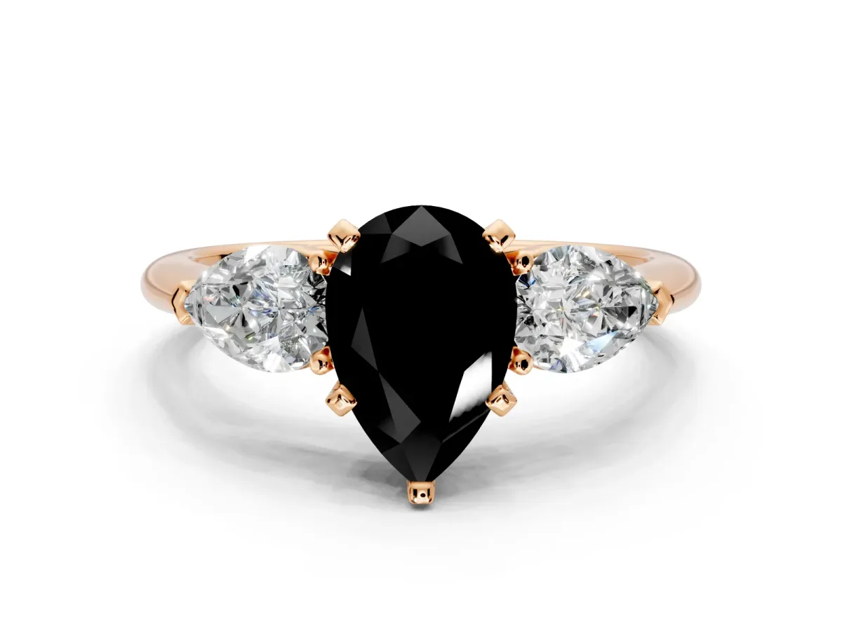 3 Stone Engagement Ring Setting for Fancy Black Pear-Shaped Center with Large Pear-Shaped Accents and Prong Head in Rose Gold