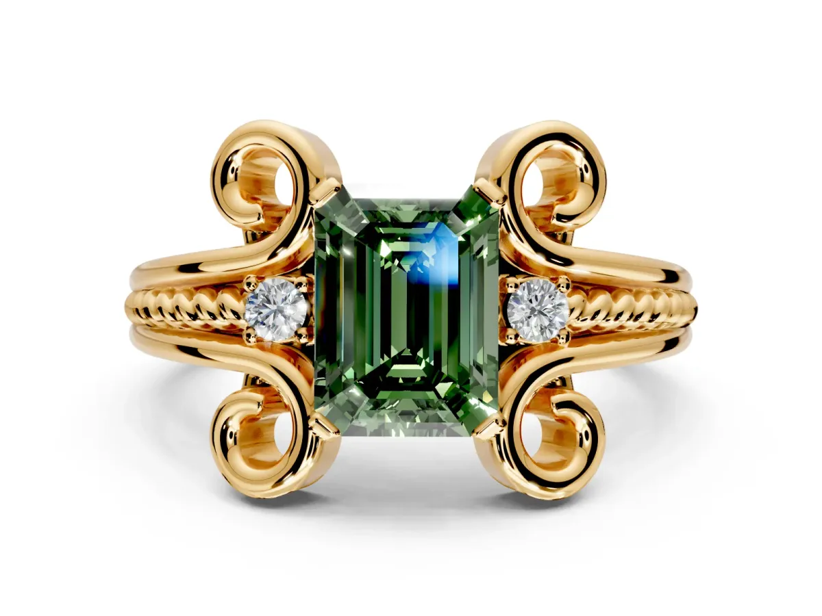 Solitaire Engagement Ring Setting for Fancy Green Emerald Cut Center with Twisted Band and Scroll Prong Head in Yellow Gold