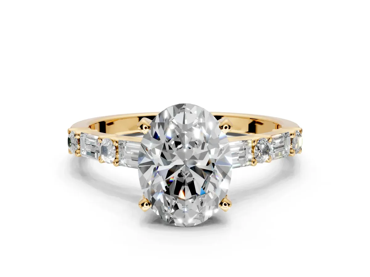 Baguette Engagement Ring Setting for Oval Center with Alternating Bar-Set Band and Prong Head in Yellow Gold