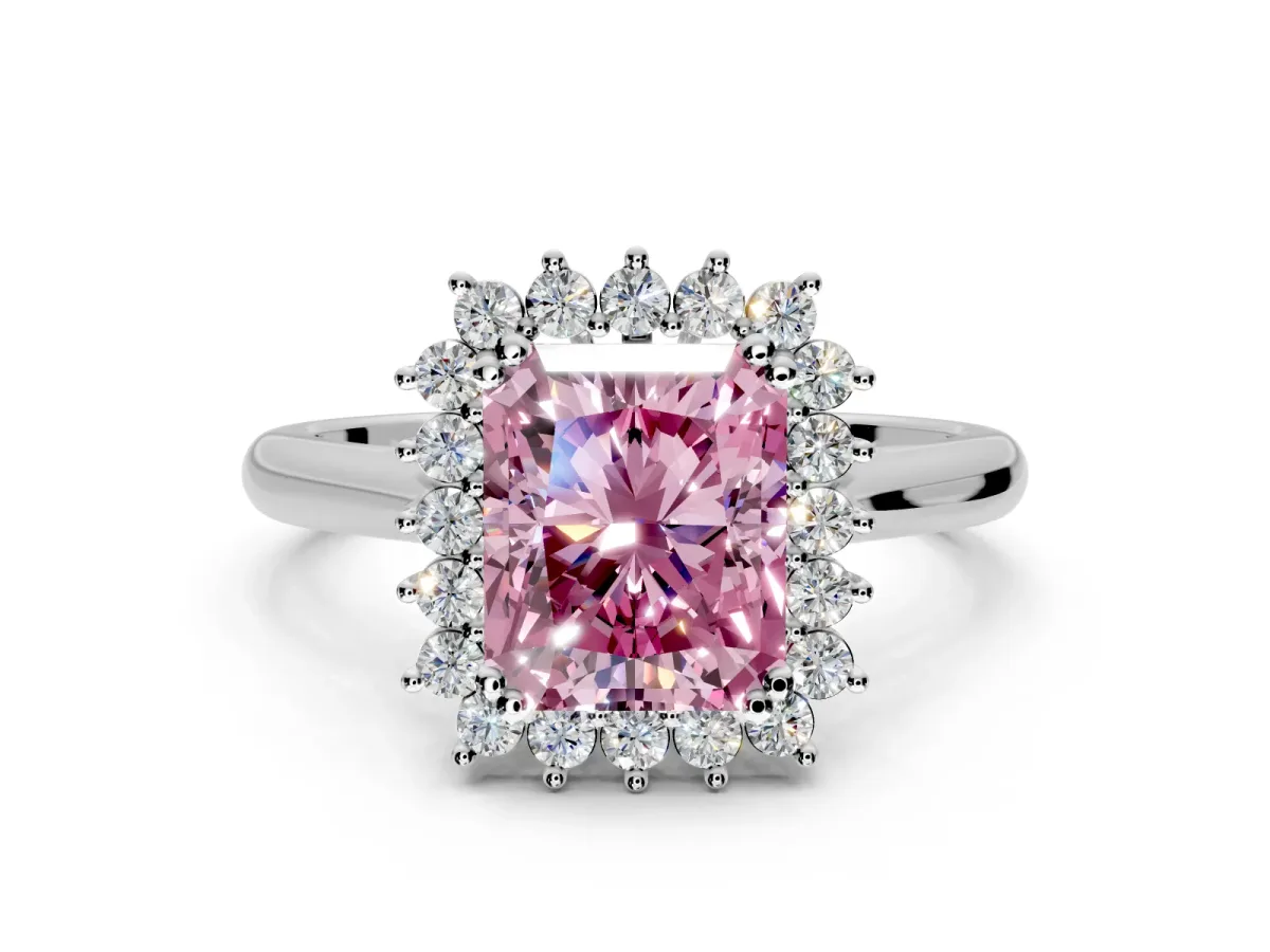 Starburst Halo Engagement Ring Setting for Fancy Pink Radiant Cut Center with Thin Round-Wire Band and Prong Head in Platinum