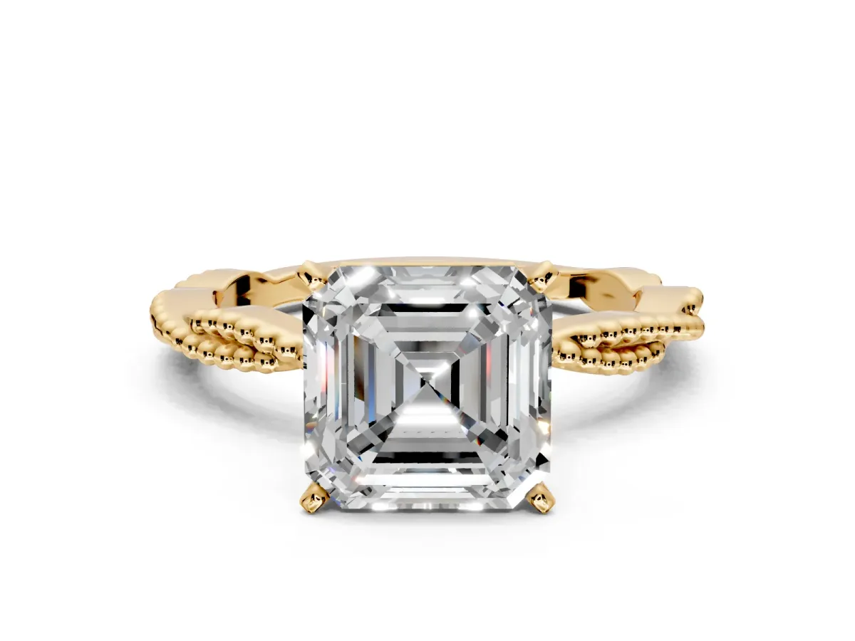 Solitaire Engagement Ring Setting for Asscher Cut Center with Twist Band and Bead Prong Head in Yellow Gold
