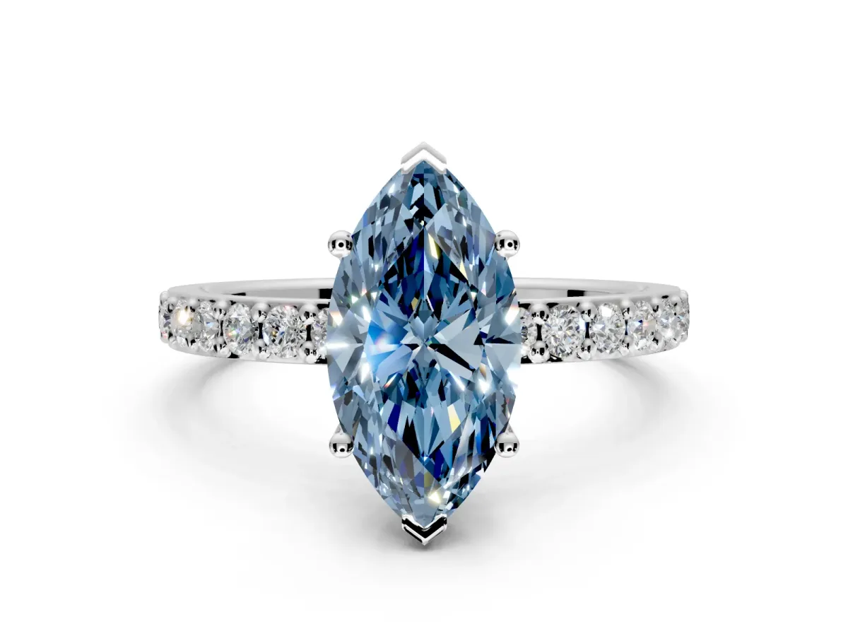 Solitaire Engagement Ring Setting for Fancy Blue Marquise Center with Round Cut Pave Band and Prong Head in Platinum