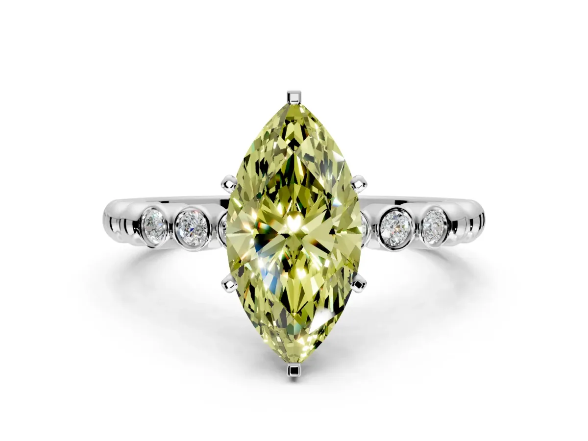 Solitaire Engagement Ring Setting for Fancy Yellow Marquise Center with Bezel-Dot Beaded Band and Prong Head in White Gold