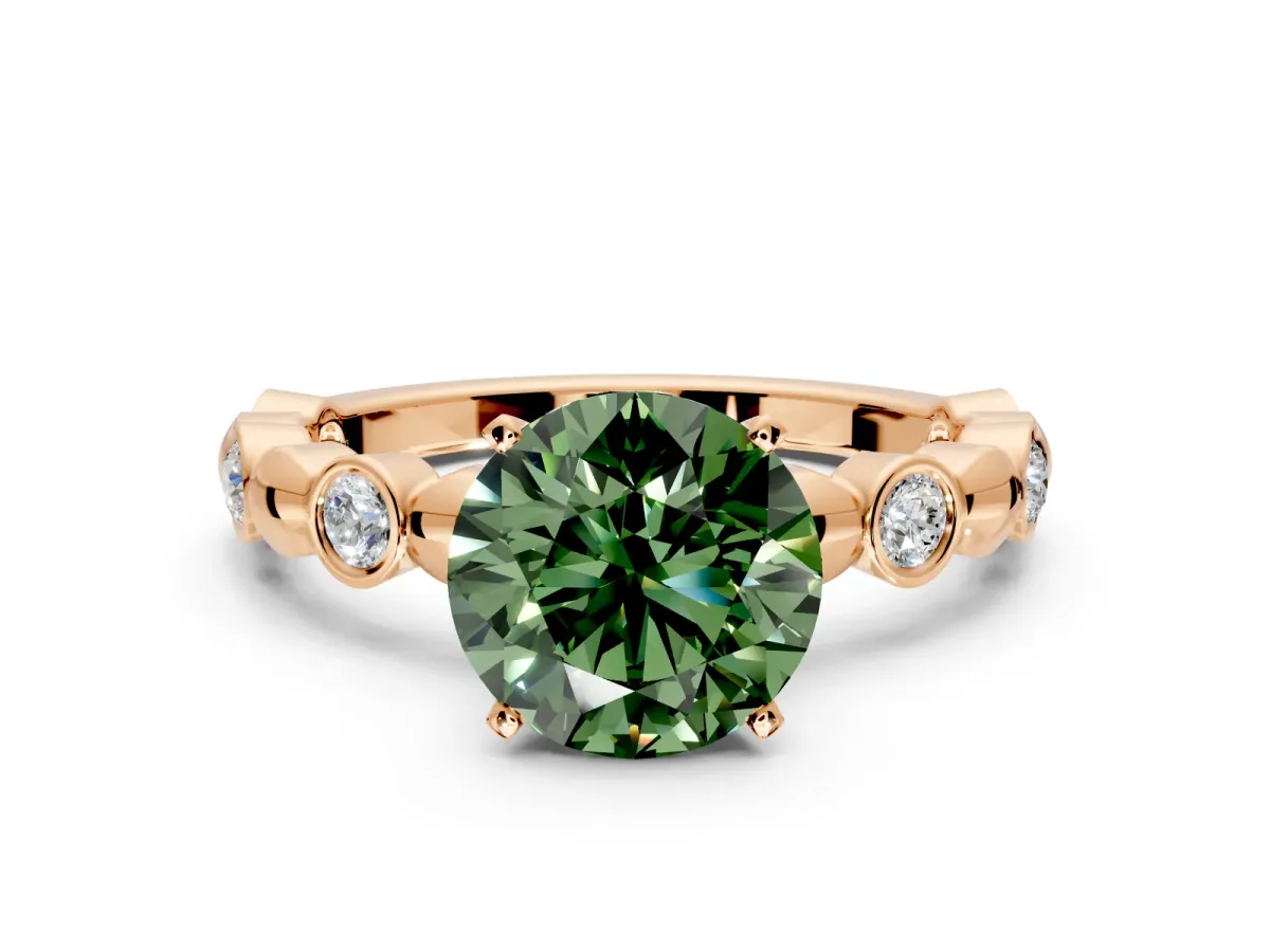 Solitaire Engagement Ring Setting for Fancy Green Round Cut Center with Beaded Bezel Station Band and Prong Head in Rose Gold
