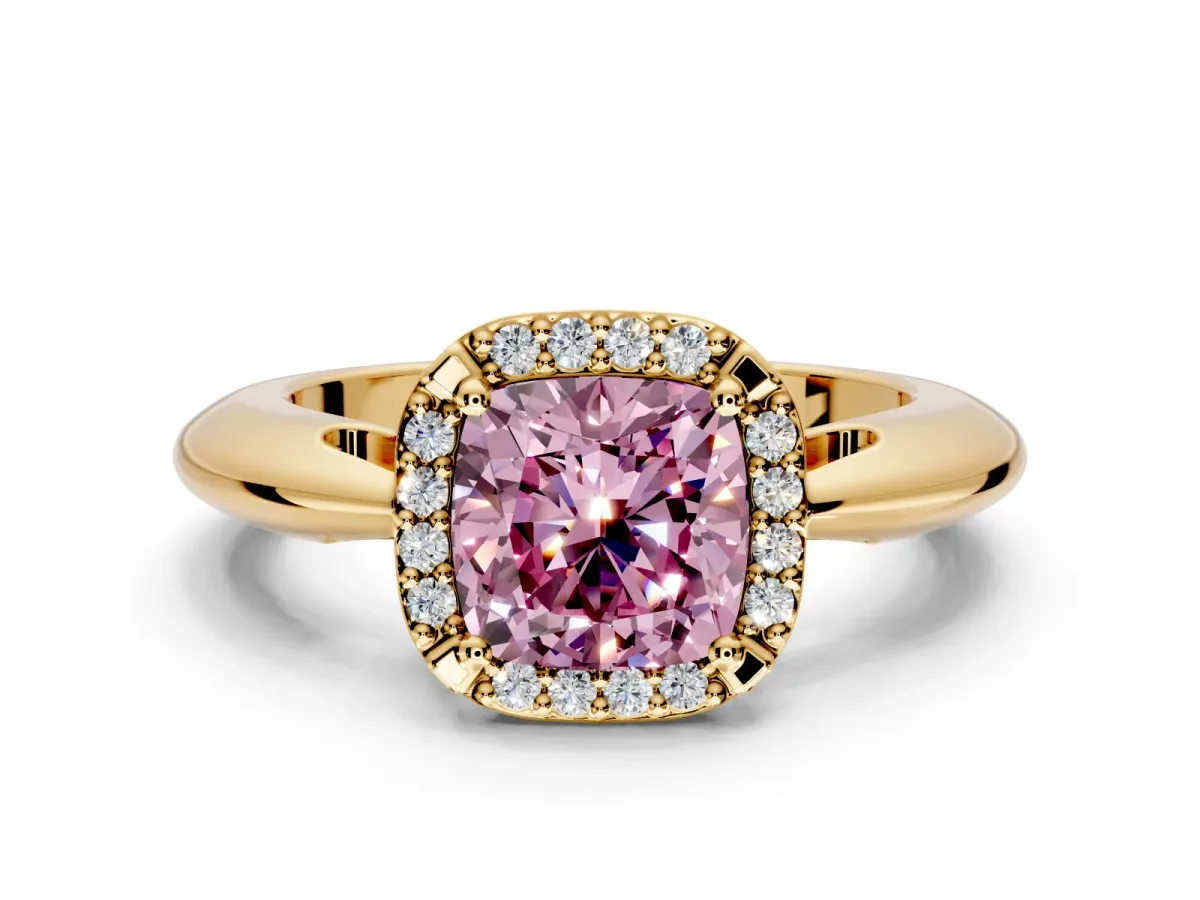 Halo Engagement Ring Setting for Fancy Pink Cushion Cut Center with Tapered Plain Band and Prong Head in Yellow Gold