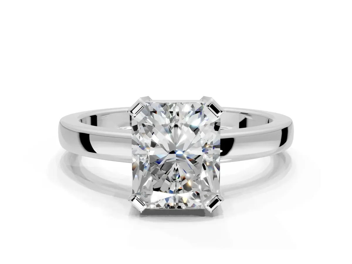 Solitaire Engagement Ring Setting for Radiant Cut Center with Plain Band and Flat Tab Prong Head in Sterling Silver