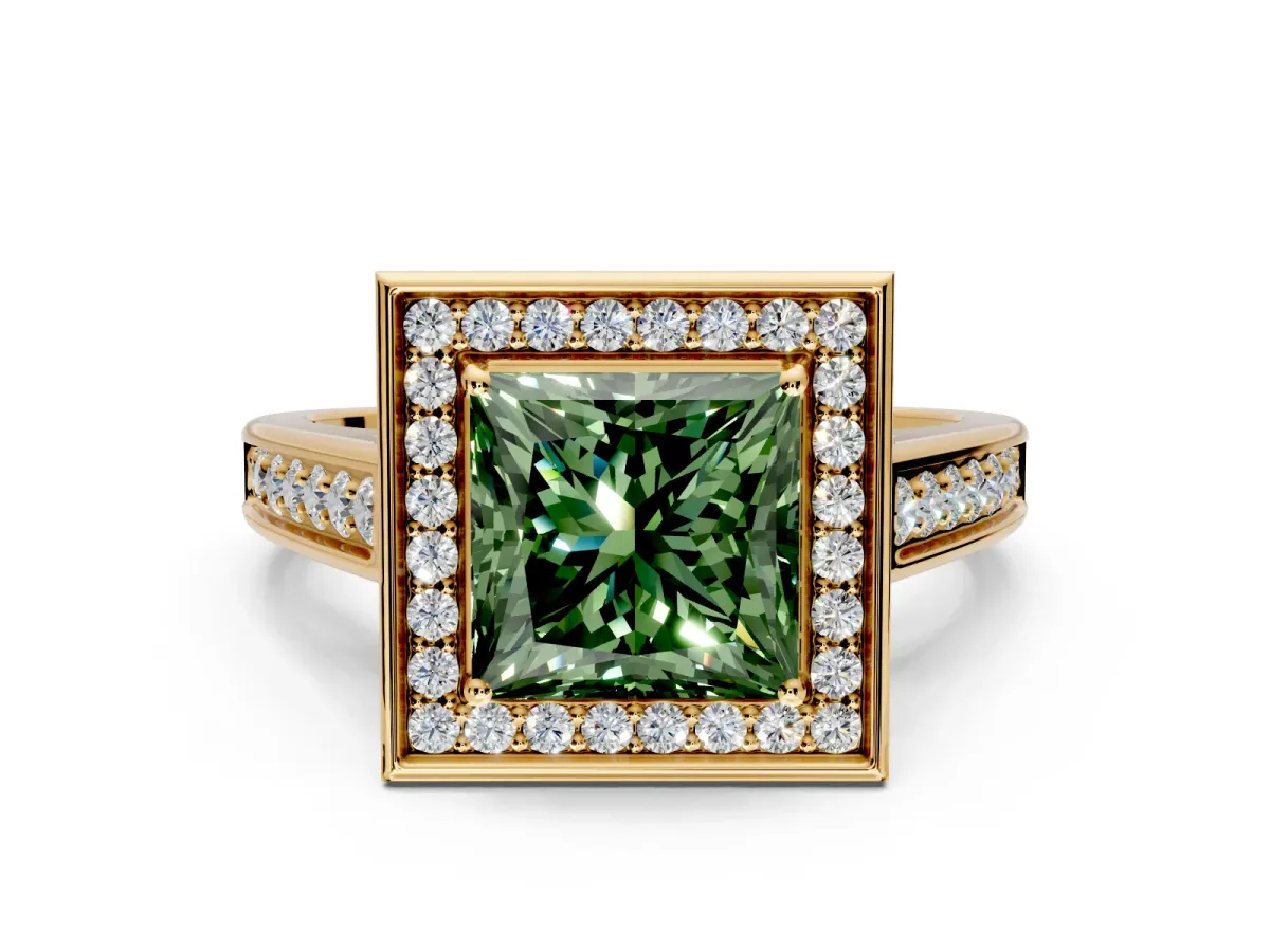 Halo Engagement Ring Setting for Fancy Green Princess Cut Center with Outer Bezel Rim, Pave Band and Prong Head in Yellow Gold