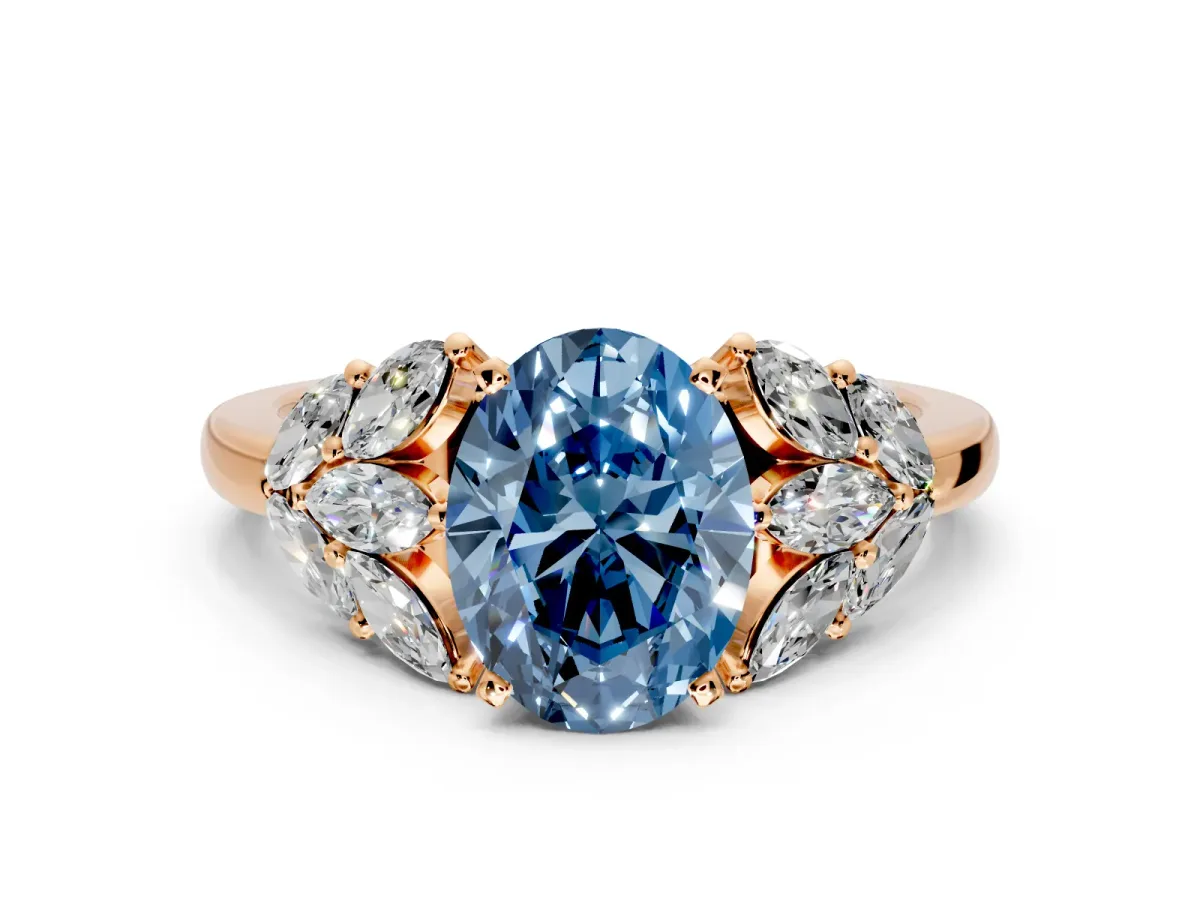 Leaf Cluster Engagement Ring Setting for Fancy Blue Oval Center with Marquise Accents and Prong Head in Rose Gold