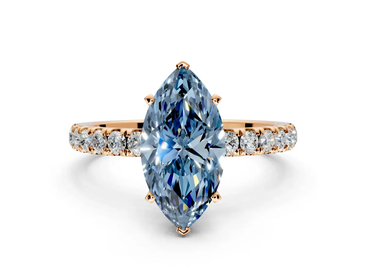 Open Basket Engagement Ring Setting for Fancy Blue Marquise Center with Pave Band and Prong Head in Rose Gold