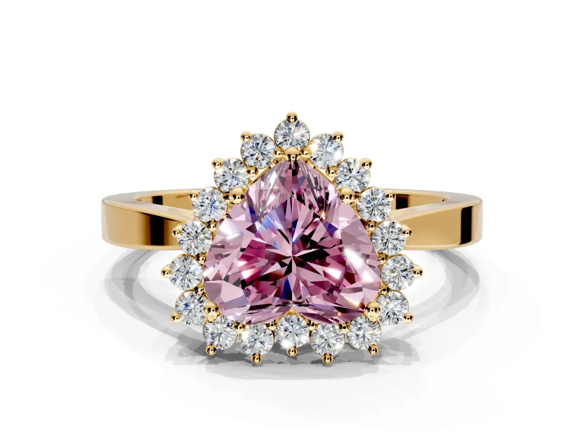 Starburst Halo Engagement Ring Setting for Fancy Pink Heart-Shaped Center with Flat Cathedral Band and Prong Head in Yellow Gold