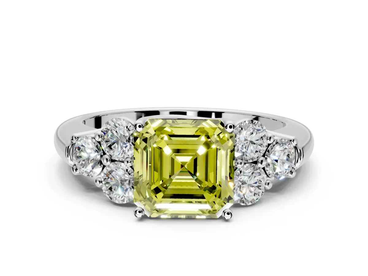 Cluster Engagement Ring Setting for Fancy Yellow Asscher Cut Center with Round Cut Accent Frame and Prong Head in Platinum