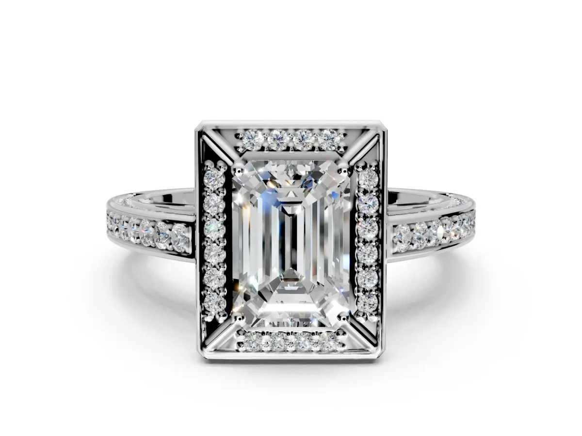 Halo Engagement Ring Setting for Emerald Cut Center with Framed Halo, Pave Band and Prong Head in Sterling Silver