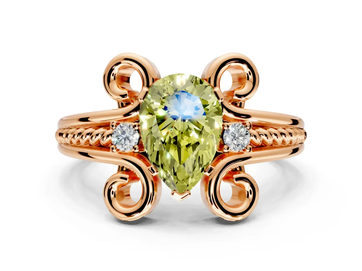 Solitaire Engagement Ring Setting for Fancy Yellow Pear-Shaped Center with Twisted Band and Scroll Prong Head in Rose Gold