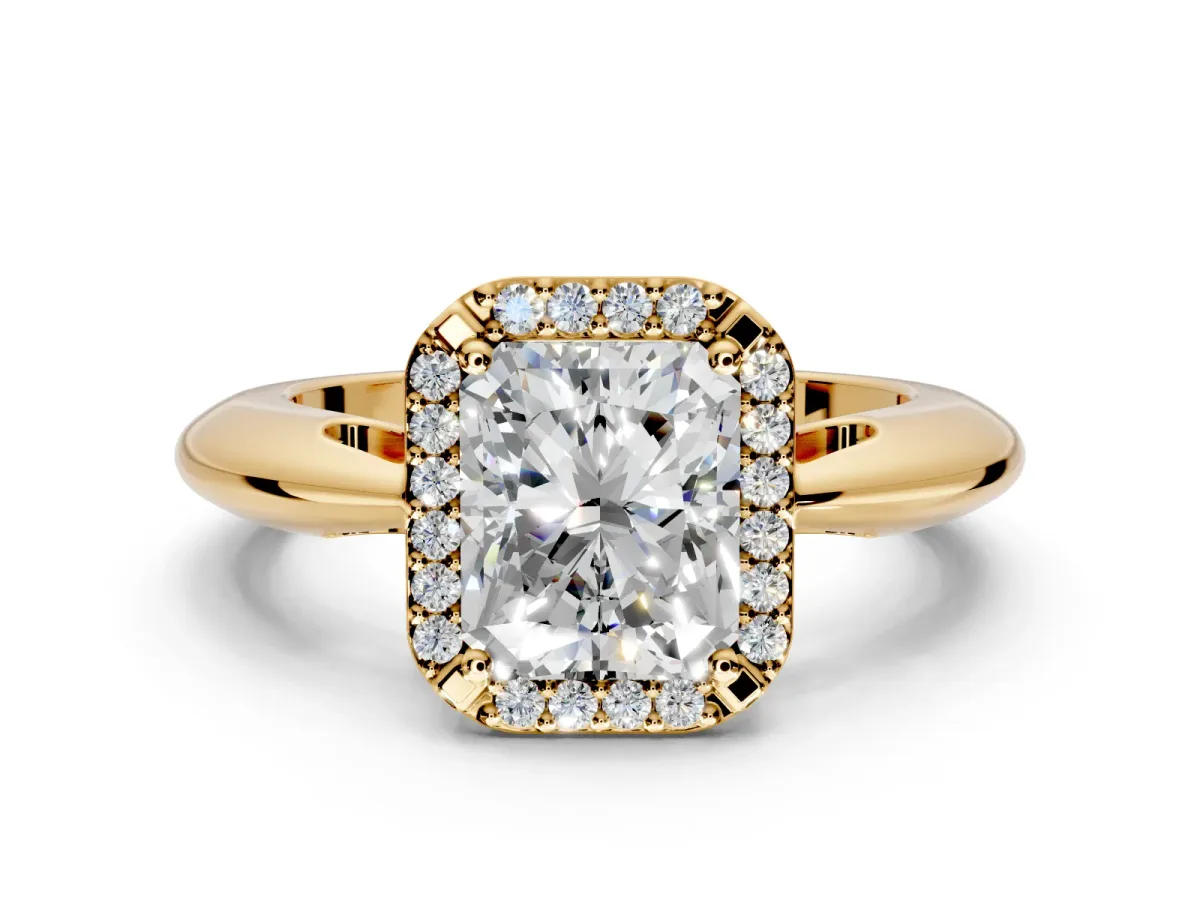 Halo Engagement Ring Setting for Radiant Cut Center with Tapered Plain Band and Prong Head in Yellow Gold